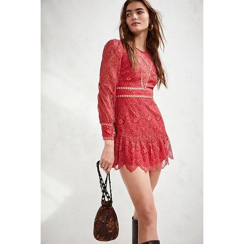 Free People x Saylor Darragh Cutout Pearl Clasps Lace Mini Dress Rose Red Size M